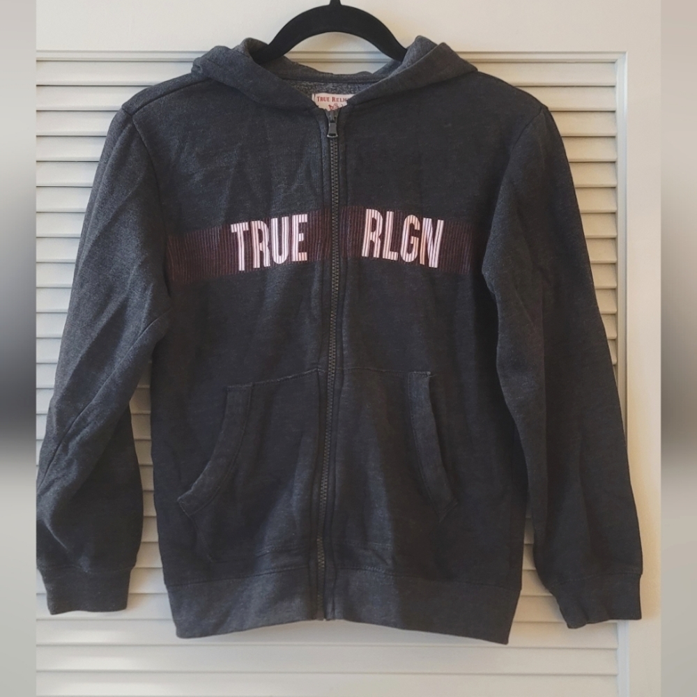 True Religion - Grey/Red/White Hoodie With Zipper & Front Pockets